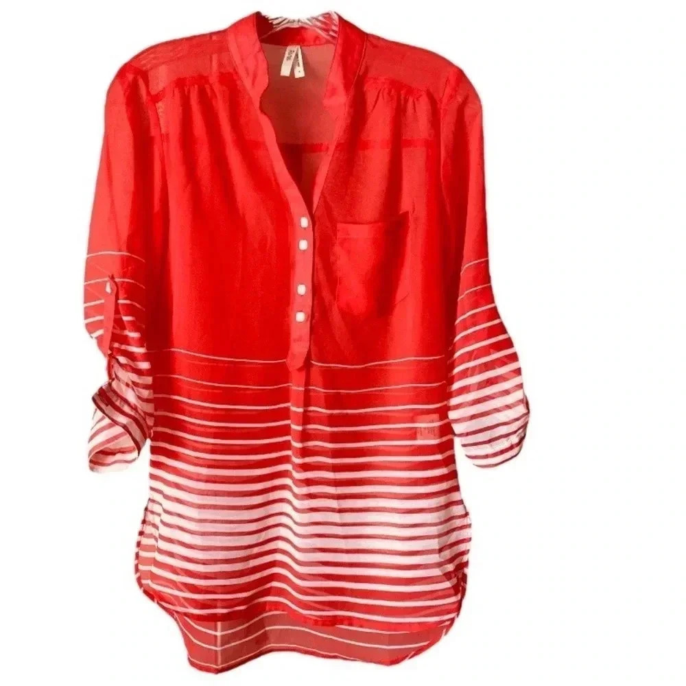 TRUTH NYC | Women’s Orange and White Stripped Sheer High-Low Blouse Size S